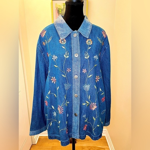 Vintage Embroidered Bobby Brooks Denim Pewter Button Front Jacket/Top w/pockets - Picture 2 of 10